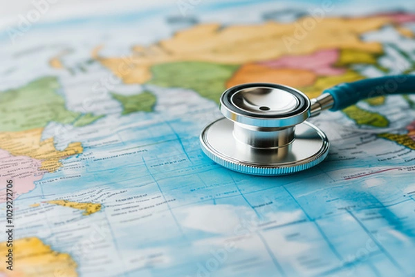 Obraz Stethoscope on world map representing global health care