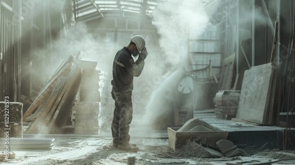 Obraz Construction Worker Standing in Dusty Industrial Environment
