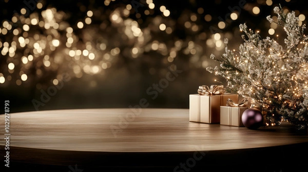 Fototapeta christmas background with decorations in black,purple and gold color with gift box on dark background	