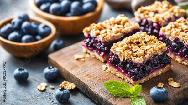 Fototapeta Delicious Blueberry Crumble Bars on Wooden Cutting Board with Fresh Blueberries