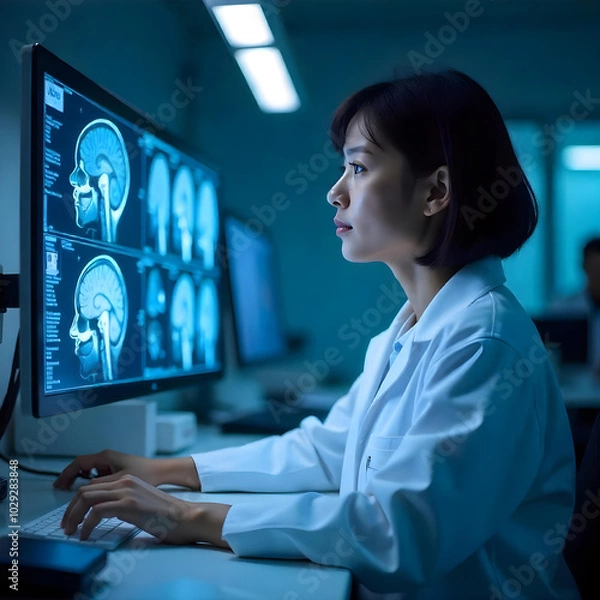 Obraz A young female doctor examining brain scans on a computer monitor in a dimly lit medical office. Asian Female Neuroscientist Looking at TV Screen, Analyzing Brain Scan MRI Images