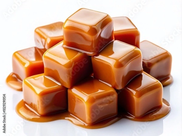 Fototapeta Delicious Stack of Caramel Candy Cubes with Drizzling Caramel Sauce on White Background