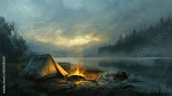 Fototapeta A Campsite with a Tent, Fire, and Foggy Mountains in the Distance