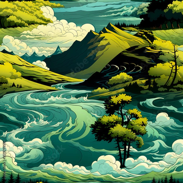 Fototapeta Seamless Fantasy Landscape Pattern with Mountains and Clouds