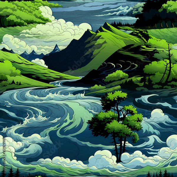 Fototapeta Seamless Fantasy Landscape Pattern with Mountains and Clouds