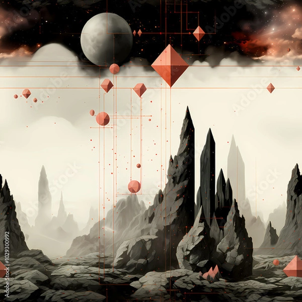 Fototapeta Futuristic Space Pattern with Planets and Orbit Lines