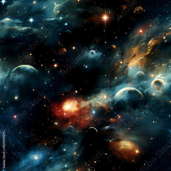 Fototapeta Futuristic Space Pattern with Planets and Orbit Lines