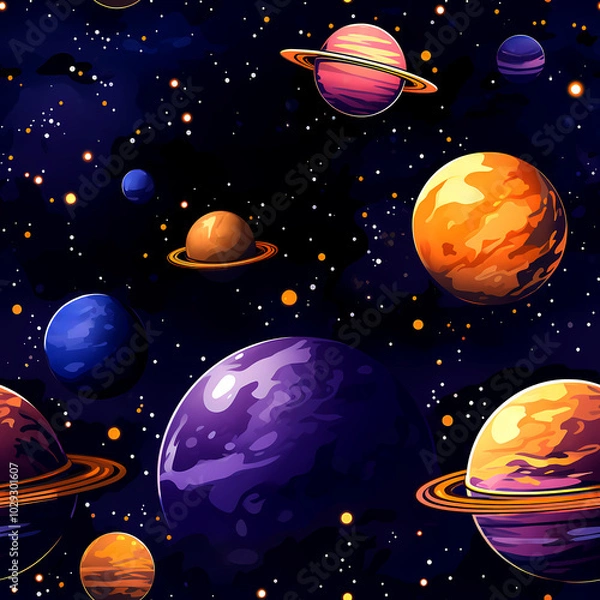 Fototapeta Futuristic Space Pattern with Planets and Orbit Lines