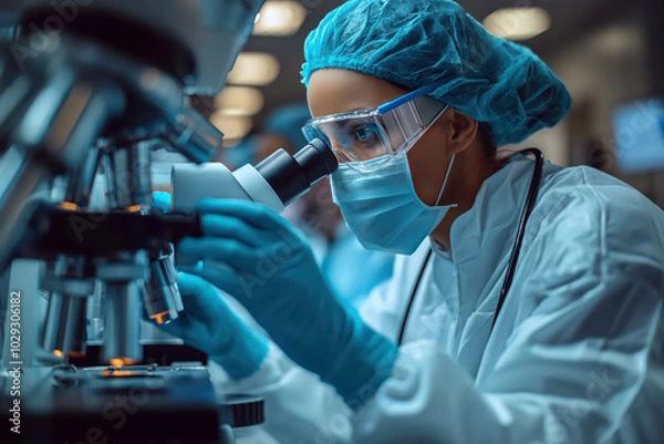 Fototapeta Focused female scientist conducting research with microscope in modern laboratory