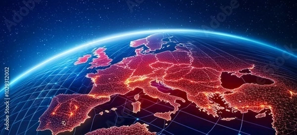 Fototapeta Map of Europe Highlighting Active Hotspots from Cyber Attack