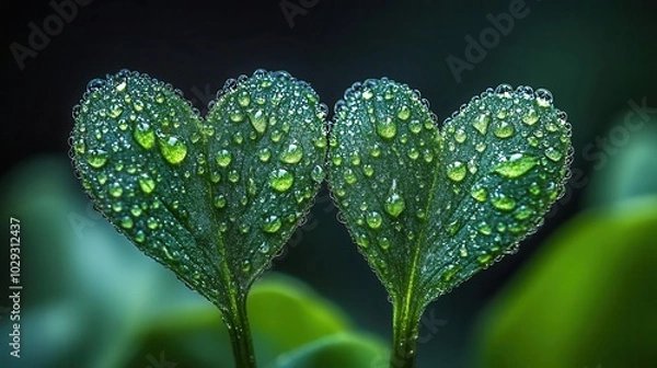 Fototapeta intimate closeup of two blades of rainsoaked grass leaning together their dewladen tips touching in a delicate embrace showcasing natures intricate connections in radiant greens