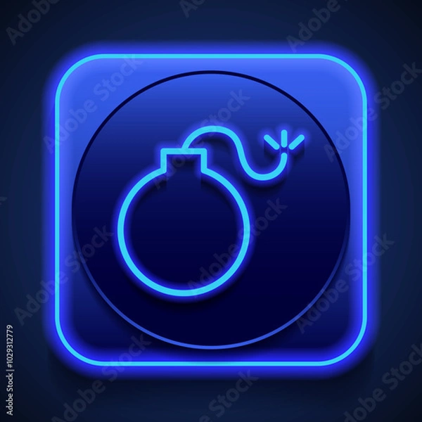 Fototapeta Bomb simple icon. Flat design. Blue neon style on button. With shadow