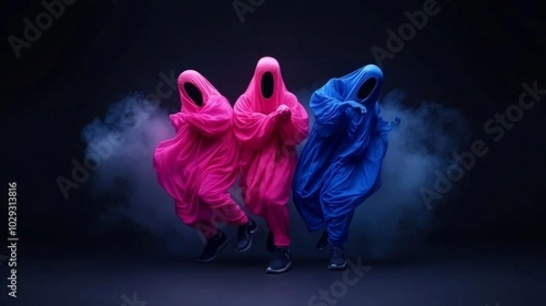 Fototapeta Mysterious Dance: Three figures shrouded in vibrant pink and blue robes dance amidst swirling smoke, their faces hidden, creating an enigmatic and visually captivating scene. 