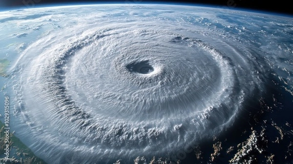 Obraz A powerful hurricane spins dramatically, showcasing swirling clouds and an eye