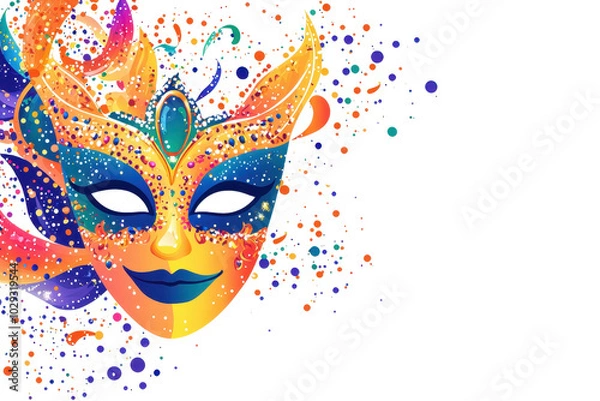Fototapeta Vibrant colorful carnival mask with ornate details, adorned with shimmering embellishments and abstract patterns on a transparent background.