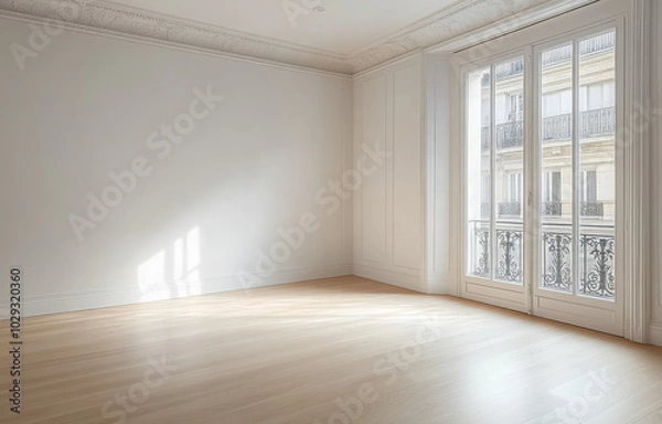 Fototapeta Modern empty room with large window overlooking the street in a contemporary building during daylight
