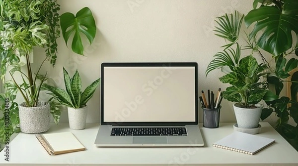 Fototapeta A modern workspace featuring a laptop surrounded by vibrant green plants, ideal for inspiration and productivity.