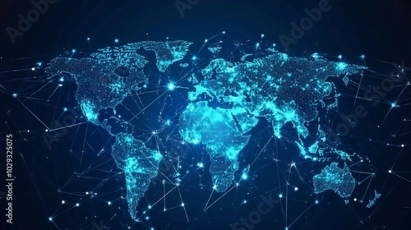 Fototapeta Blue Glowing World Map with Interconnected Lines