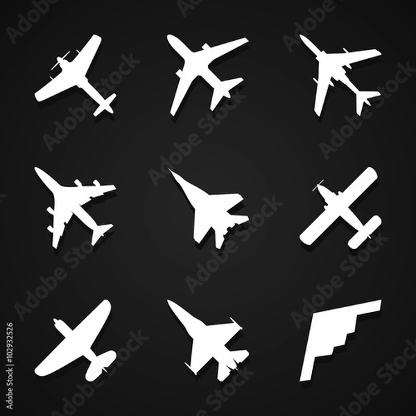 Fototapeta Airplane icons set: passenger plane, fighter plane and screw on dark background with shadow. Vector Illustration