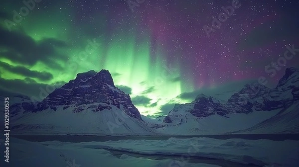 Fototapeta   A majestic mountain cloaked in snow beneath a stunning green and purple sky, adorned with countless glistening stars overhead
