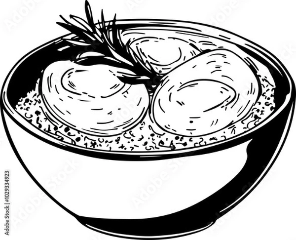 Fototapeta Vector illustration of a bowl of rice with three eggs, simplistic style, ideal for food-related themes and culinary graphics.