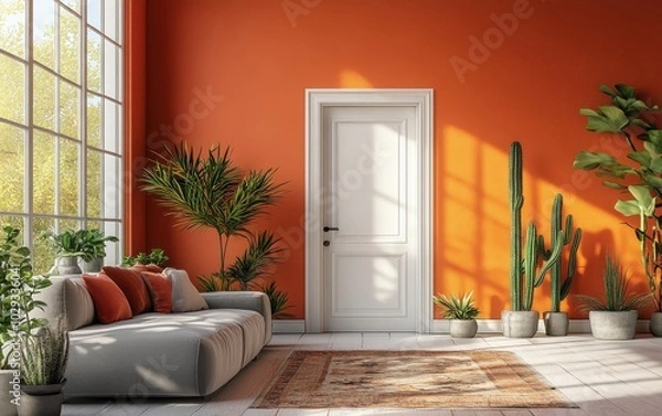 Fototapeta Modern living room with vibrant orange wall, white door, and lush indoor plants creating a bright and inviting atmosphere