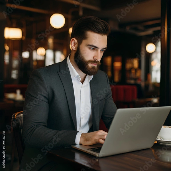 Fototapeta A focused man in a suit working on his laptop at a café.