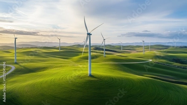 Fototapeta Expansive wind farm with multiple turbines turning in a green landscape, demonstrating the power of wind energy