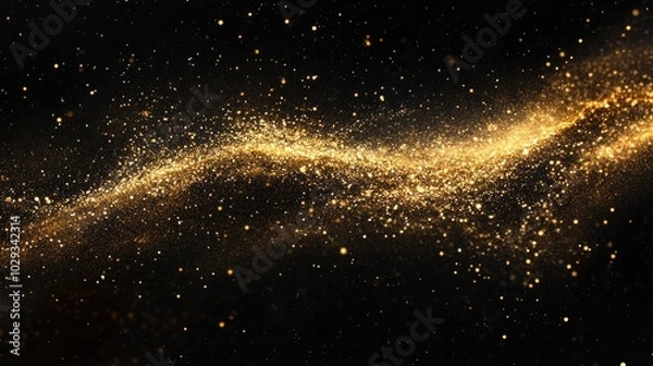 Fototapeta Flow of glittering golden stardust against a black space background, evoking a sense of space wonder