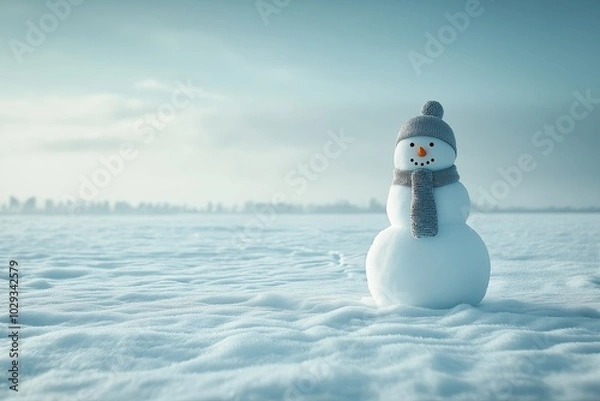 Fototapeta A tranquil image of a snowman standing alone in a vast snowy field under a pale sky