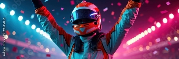 Fototapeta Exciting NASCAR celebration with a jubilant driver raising their arms amid vibrant lights and confetti. Perfect for motorsports, racing events, and promotional materials.