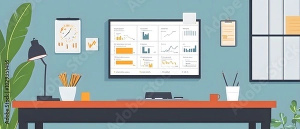 Fototapeta A modern workspace featuring a desk, plant, lamp, and a monitor displaying business charts for productivity and creativity.