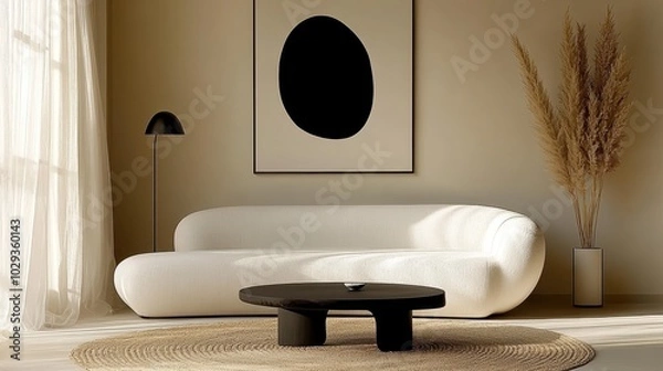 Fototapeta Minimalist living room, curved white sofa, black round coffee table, abstract black shape artwork, beige walls, sisal rug, black table lamp, dried pampas grass, window with sheer curtains, monochromat