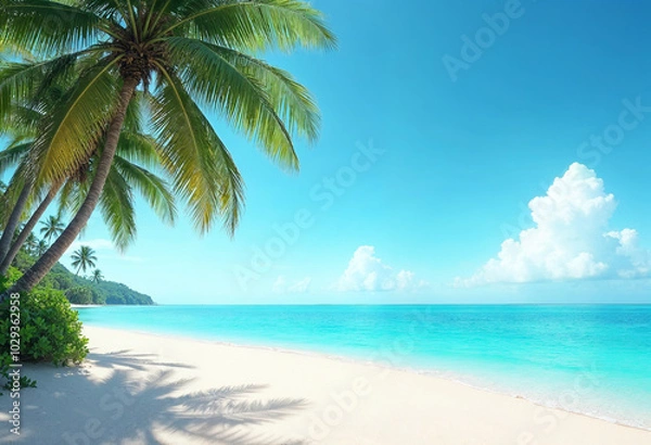 Fototapeta Serene Tropical Beach with Palm Trees and Blue Ocean
