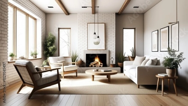 Obraz Cozy modern living room, minimalist Scandinavian design, white brick walls, large windows, natural light, fireplace with stacked firewood, comfortable white sofa, wooden armchair, round wooden coffee 