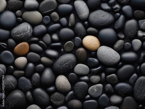 Obraz A collection of assorted smooth, black pebbles, perfect for backgrounds, decorations, or digital designs.