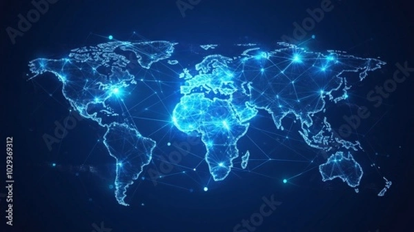 Fototapeta Digital World Map with Glowing Lines and Nodes