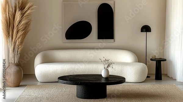 Fototapeta Minimalist living room, curved white sofa, black round coffee table, abstract black shape artwork, beige walls, sisal rug, black table lamp, dried pampas grass, window with sheer curtains, monochromat
