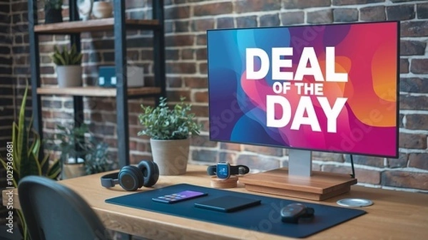 Fototapeta Deal of the day; a computer monitor sitting on top of a wooden desk next to a plant and a phone on a mouse pad