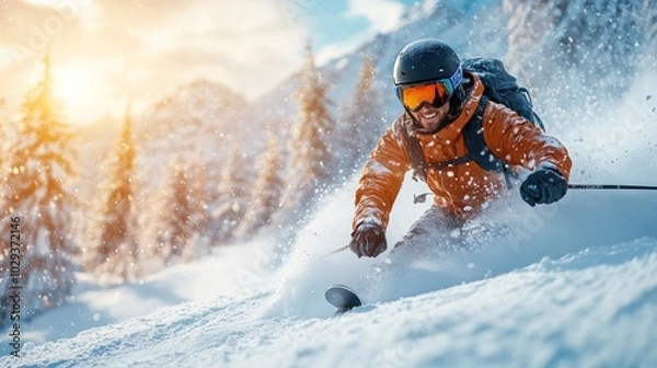 Fototapeta A skier enjoys a snowy slope, capturing the thrill of winter sports in a beautiful landscape.