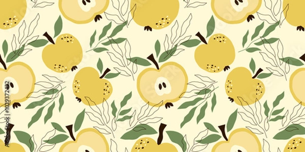 Fototapeta Seamless pattern for textiles and fabric with yellow apples. Vector design with fruit and leaves. Hand drawn background with abstract fruits.