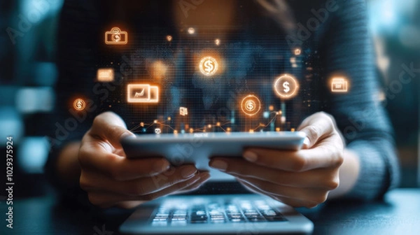 Fototapeta Exploring digital finance through dynamic graphs and currency symbols on a laptop at dusk