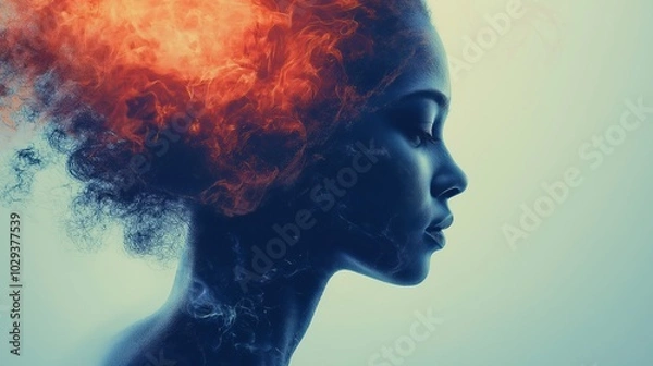 Fototapeta A glowing fire bursting from a woman’s head in profile, symbolizing emotional intensity, inner conflict, and the burning thoughts within the mind in a surreal artistic expression, Gnerative Ai