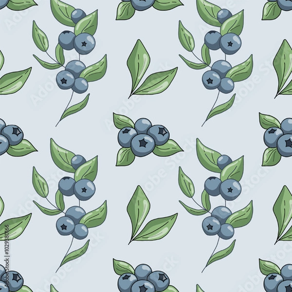 Fototapeta Blueberries seamless pattern on light blue background