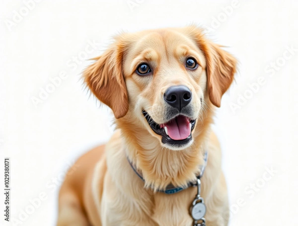Fototapeta A golden retriever puppy is joyfully sitting with a bright, playful expression. Its fur shines, highlighting its friendly demeanor and playful nature