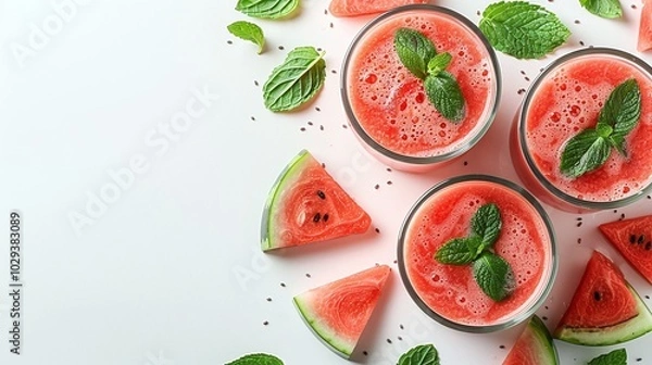 Fototapeta Glasses of watermelon smoothies with mint leaves, surrounded by watermelon slices, light background, refreshing summer drink, healthy eating, vegan concept, minimalistic design, copy space.

