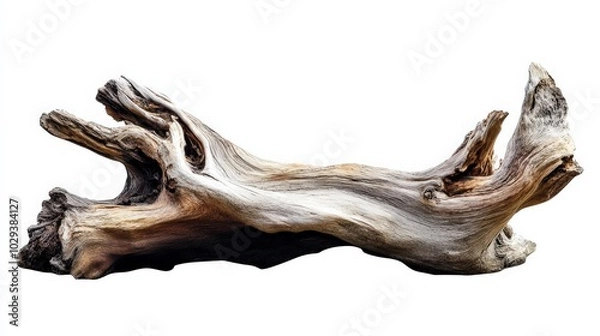 Fototapeta Driftwood. Aged Tree Trunk Drift from Sea Isolated on White Background