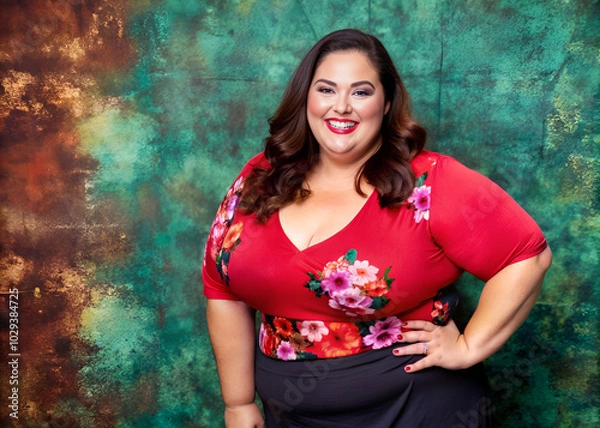 Fototapeta A woman in a red floral top and black skirt poses for a photo
