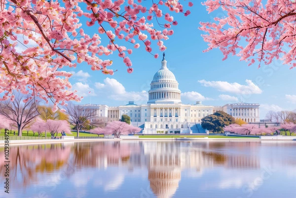 Fototapeta Capitol building surrounded by cherry blossoms reflecting in water during spring