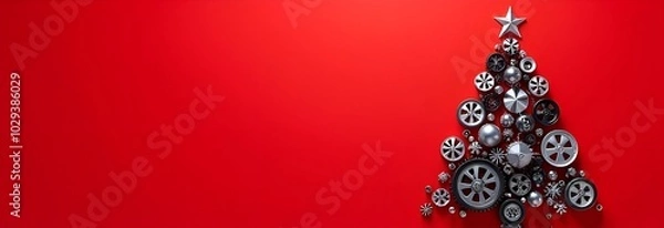 Fototapeta Christmas tree made of car engine parts on a red background, a unique combination of festi